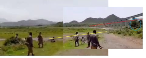 Screen grab from video posted in early August on an ethnic Amhara Telegram channel shows lightly armed farmers firing on Tigrayan positions. The Telegraph geolocated this video to a river crossing about 10km from the destroyed village. IDPs said that Tigrayan rebels took revenge on local villages for the attack.