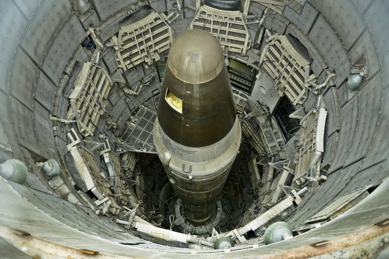A deactivated Titan II intercontinental ballistic missile in a silo at the Titan Missile Museum, a preserved military complex near Tucson.