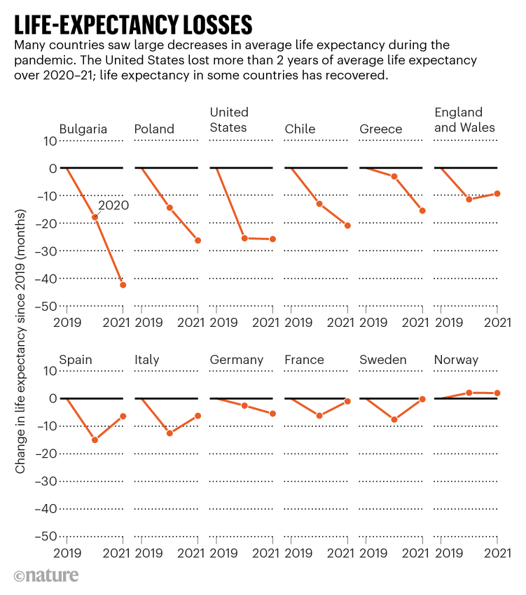 Life expectancy losses: Changes in life expectancy since 2019 for a number of countries measured in months.