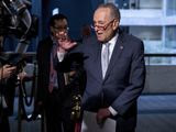 Senate Minority Leader Sen. Chuck Schumer of N.Y., speaks to reporters as he arrives for a meeting to discuss the coronavirus relief bill on Capitol Hill, Friday, March 20, 2020, in Washington. (AP Photo/Andrew Harnik)