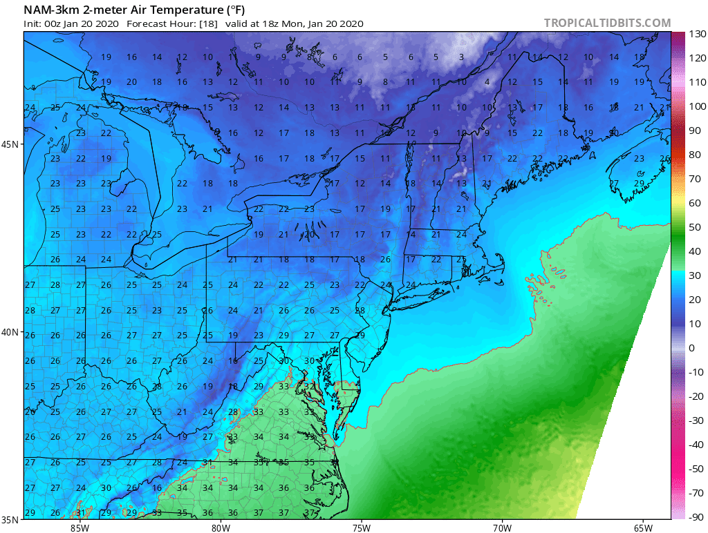 Highs will be in the 20s for much of New England today. (Courtesy Tropical Tidbits)