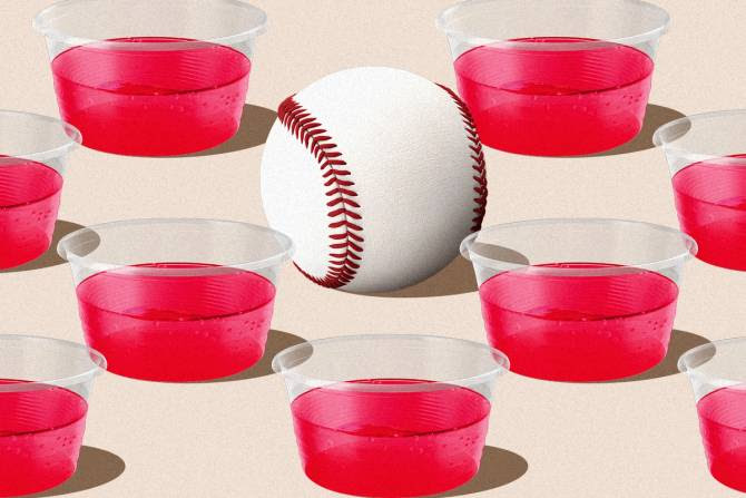 Illustration of a baseball with Jell-O shots around it