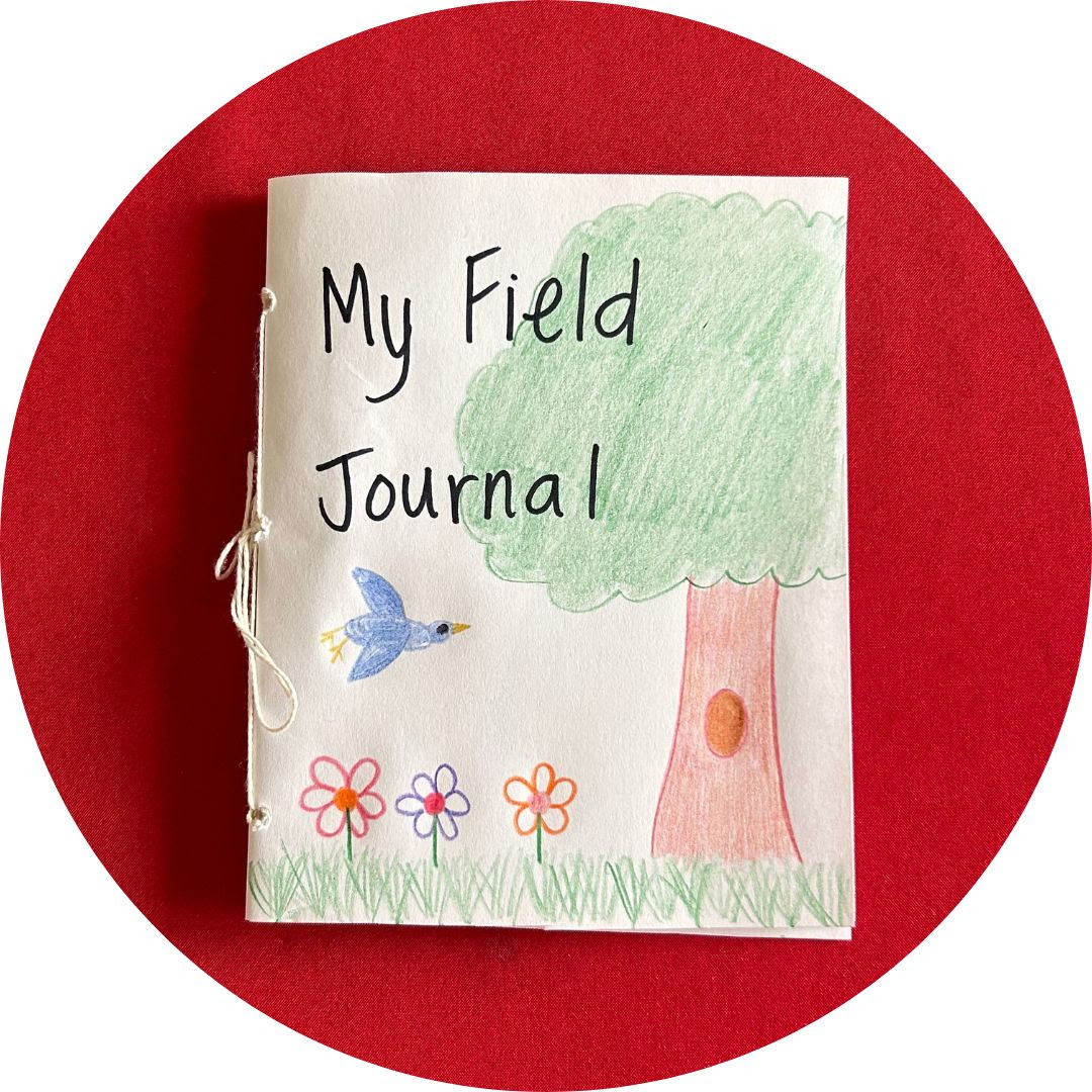 A handmade notebook that says My Field Journal, on a red background