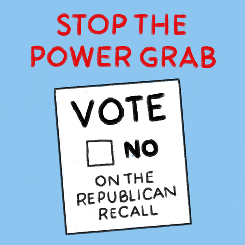 Image of a person voting no on a ballot. The words state "Stop the power grab. Vote no on the republican recall"