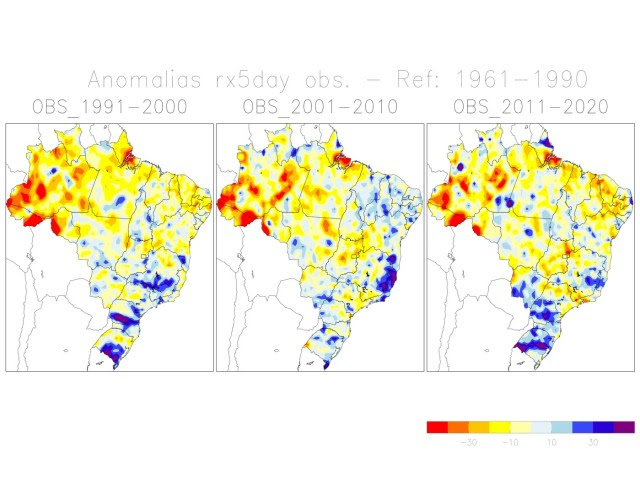 Mapa do Inpe mostra evolução da ocorrência da maior quantidade de chuva no período de cinco dias; na região Sul, esse índice passou de 140 mm entre 1961e 1990 para 160 mm entre 2011 e 2020