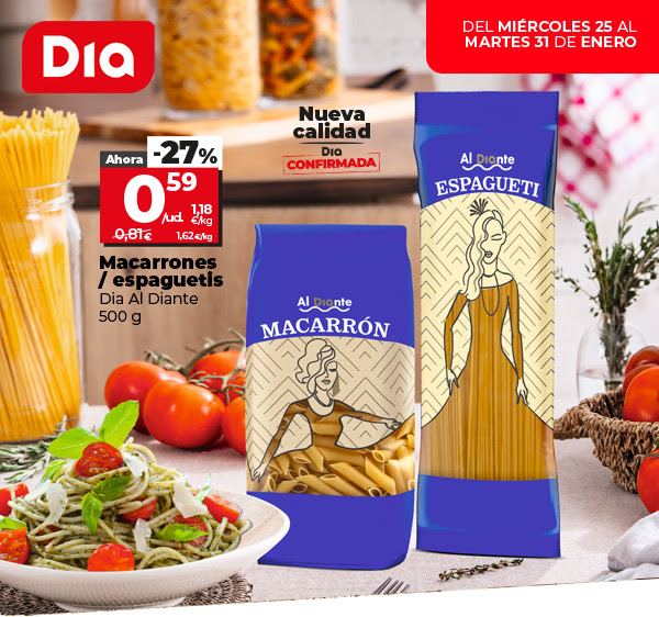 Del miércoles 25 al 31 de enero. Nueva calidad Dia confirmada. Macarrones / espaguetis Dia Al Diante 500g ahora un 27% más barato a 0,59€/ud a 1,18€/kg, antes a 0,81€ a 1,62€/kg.