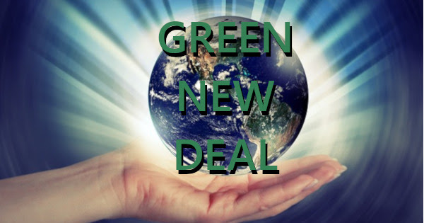 hand holding a bright shining planet earth with words GREEN NEW DEAL superimposed upon it