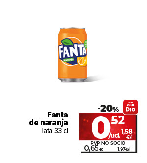 Fanta de naranja ahora un 20% más barato a 0,52€/ud a 1,58€/l. Pvp no socio a 0,65€ a 1,97€/l
