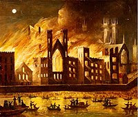 The Houses of Parliament on fire, seen from the south bank of the Thames; viewers have taken to boats on the Thames to get a better view.