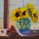 "Window Seat", 6x6, oil, 6 inch squared show, grapes, sunflowers, still life - Posted on Tuesday, December 16, 2014 by Maryanne Jacobsen
