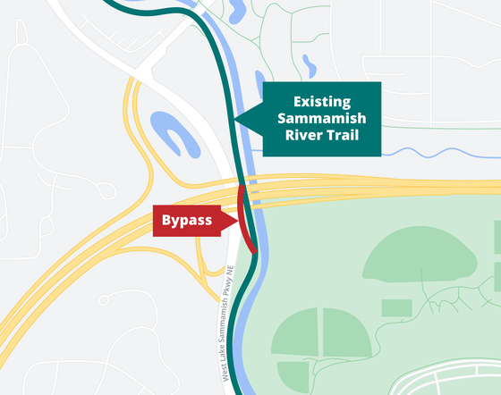 Map of bypass area for Sammamish River Trail and the Link Redmond Extension