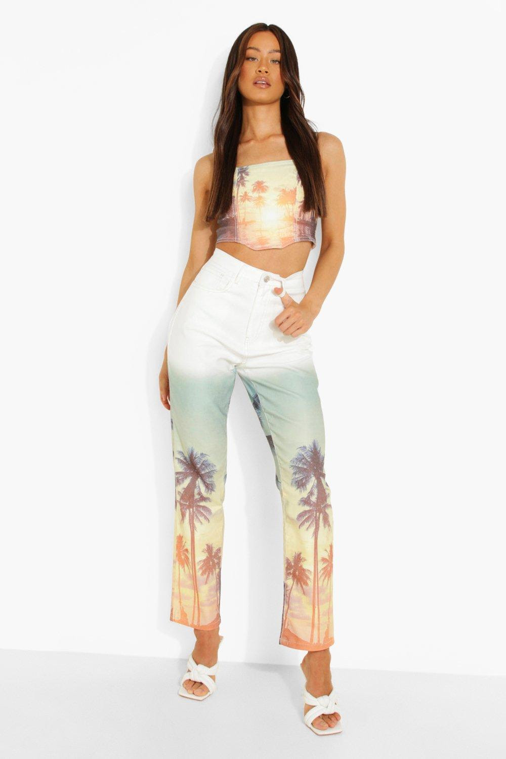 All Over Palm Print Straight Leg Jeans