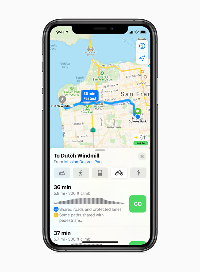 iPhone 11 Pro 上顯示 iOS 14 的單車騎乘路線。