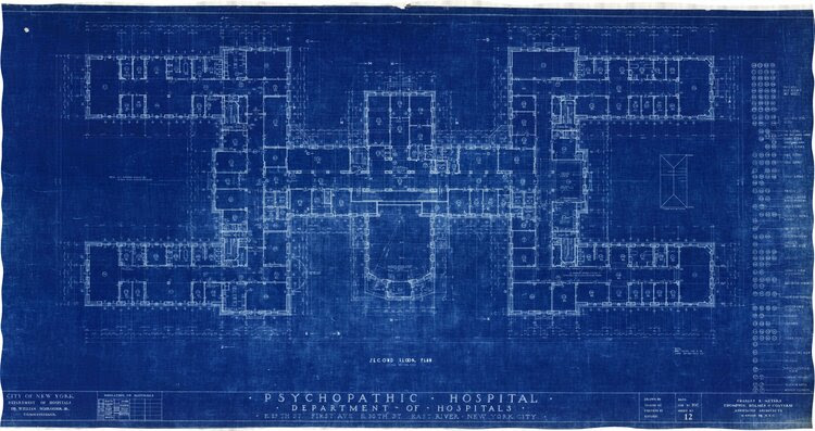 Psychopathic Hospital, Department of Hospitals, Charles B. Meyers, first floor plan, 1929, blueprint. Manhattan Building Plan Collection, NYC Municipal Archives.