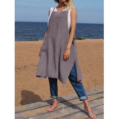 Sleeveless Strap Side Split Solid Linen Cotton Dress