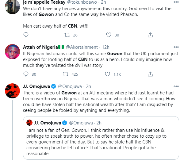 Nigerians reacts to Member of British parliament claiming that former Head of State, Yakubu Gowon left with half of Central Bank 