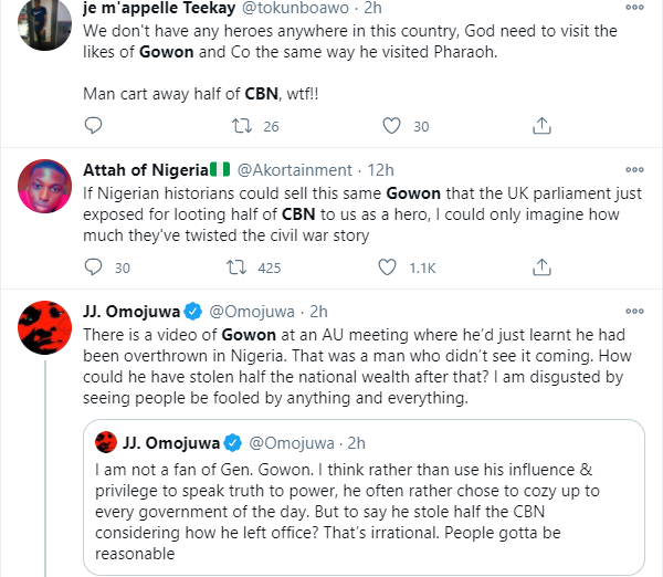 Nigerians reacts to Member of British parliament claiming that former Head of State, Yakubu Gowon left with half of Central Bank