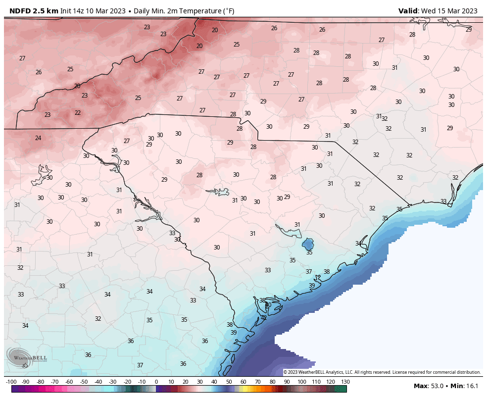 Wednesday morning's forecast lows from the National Weather Service.