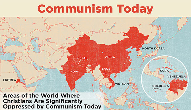 Map showing areas of the world Christians are significantly oppressed by Communism today