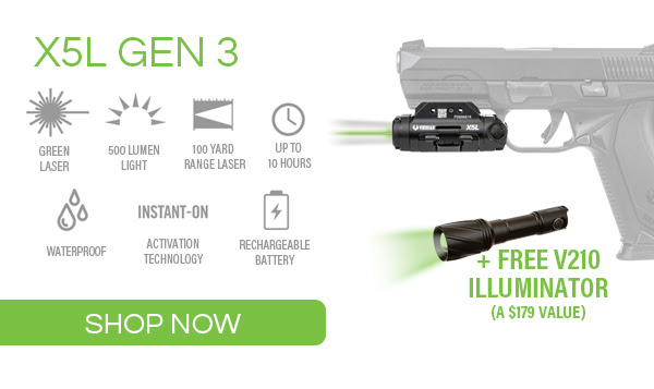 X5L Gen 3 - green laser, 500 lumen light, 100 range laser, up to 10 hours run time, waterproof, INSTANT-ON activation technology, rechargeable battery + Free V210 Illuminator. Shop Now.
