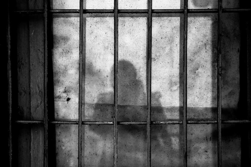A black and white photo of prison bars and shadow