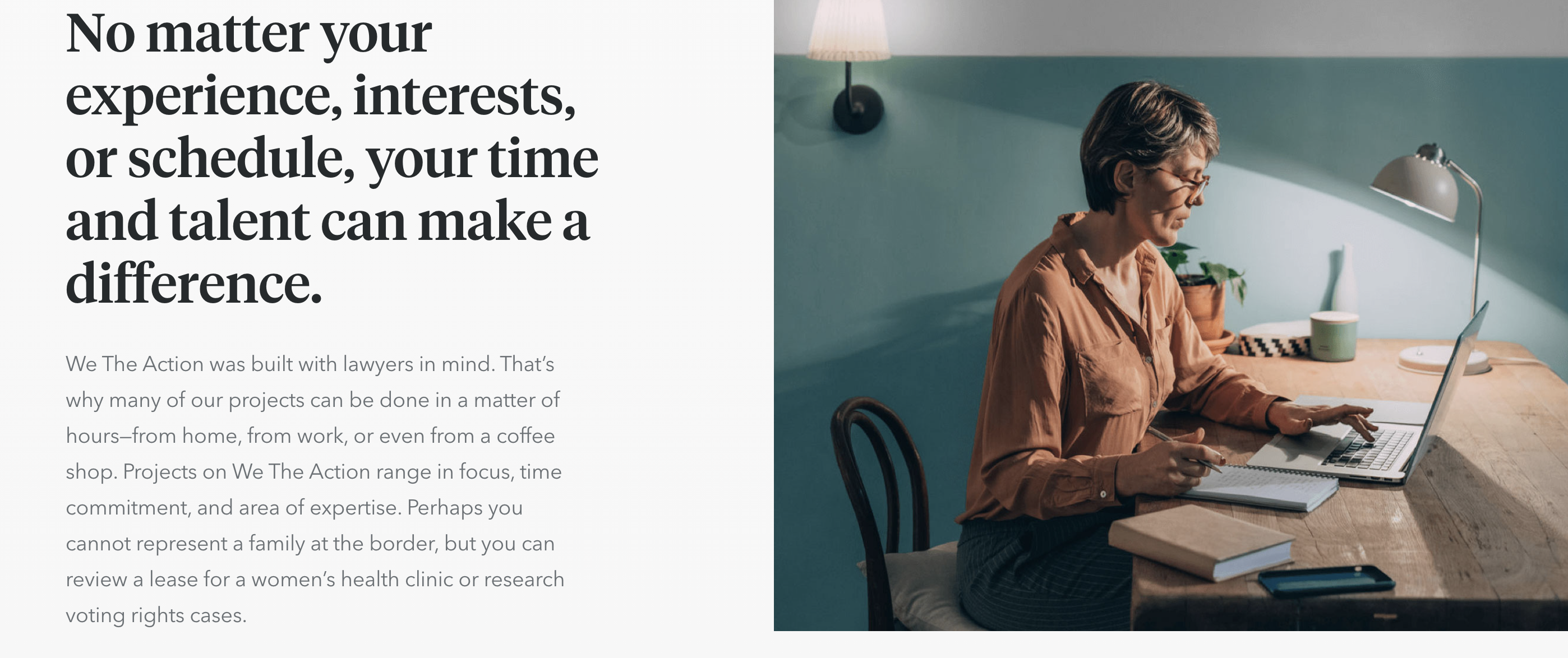 We The Action connects volunteer lawyers with nonprofit projects that need their help