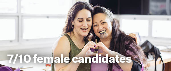 Image of Green candidates Leilani Tamu and Elizabeth Kerekere
making a heart shape with their hands