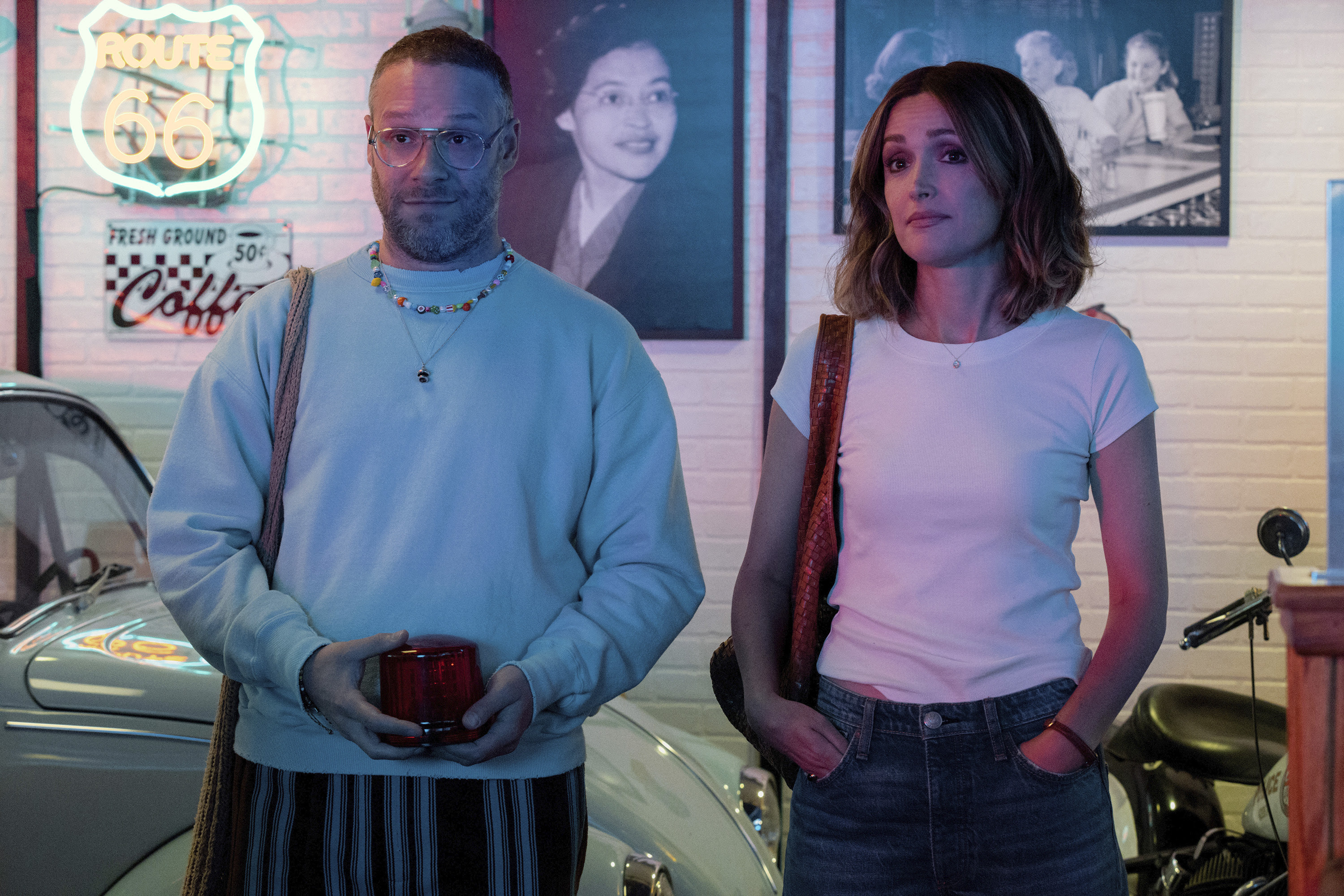This image released by Apple TV+ shows Seth Rogen, left, and Rose Byrne in a scene from ''Platonic.''