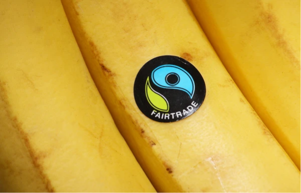 A Fairtrade label on a bunch of bananas