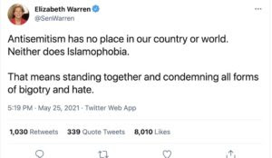Elizabeth Warren: ‘Antisemitism has no place in our country or world. Neither does Islamophobia.’