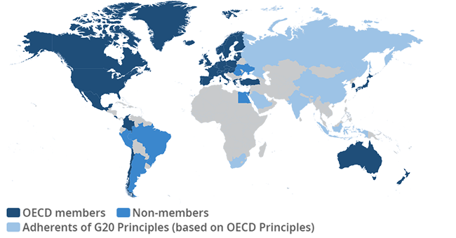 Mapa que muestra qué países están comprometidos con los Principios de IA de la OCDE o los Principios del G20