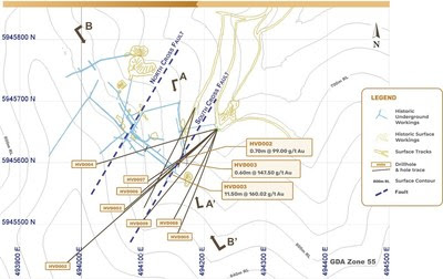 Figure 11  Happy Valley surface plan showing location and orientation of drill holes (CNW Group/E79 Resources Corp.)