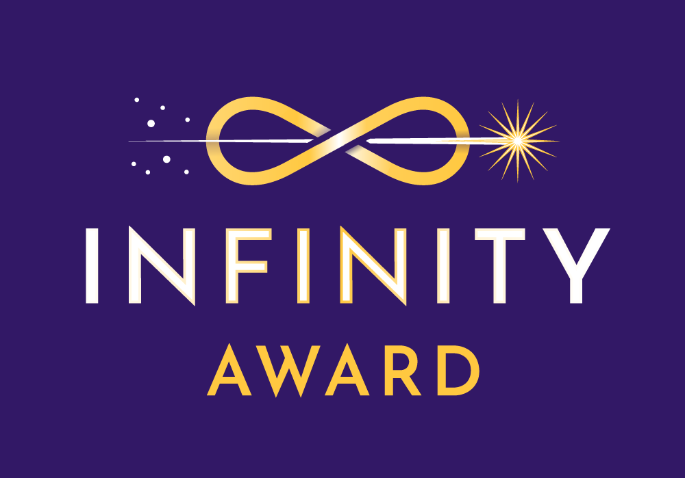 The new logo for the award, in SFWA purple and gold with an infinity loop and a magical needle going through it as though thread.