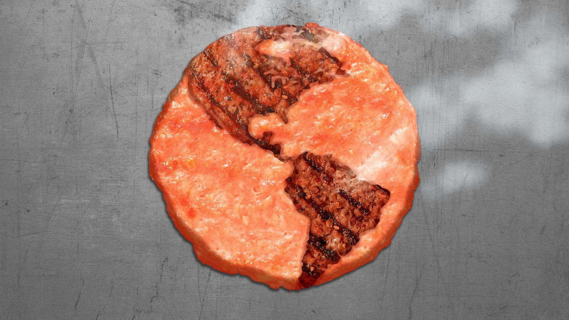 Illustration of a burger patty on a flat top grill with grill marks in the shape of the Western hemisphere