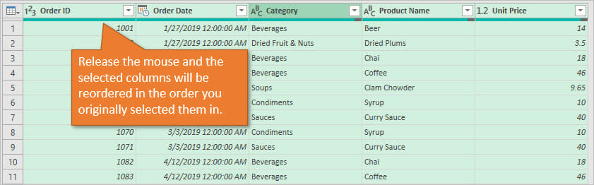 Power Query Reorder Columns - Multiple Columns Reordered After Releasing Mouse