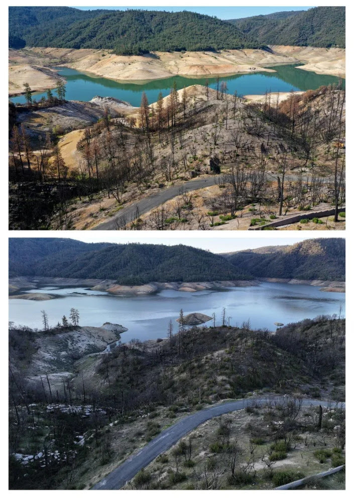 Trees burned by wildfires at Lake Oroville in July 2021 (top) vs. February 2023 (bottom). The water level has risen significantly.&nbsp;