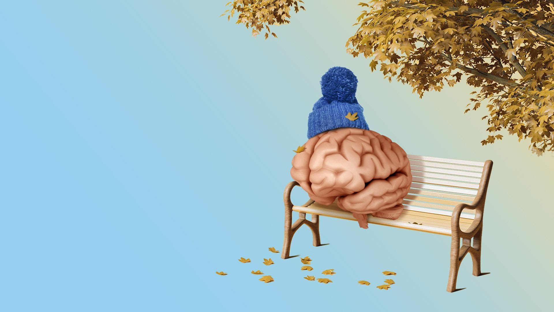 Illustration of a brain wearing a winter hat sitting on a park bench under a tree with leaves falling