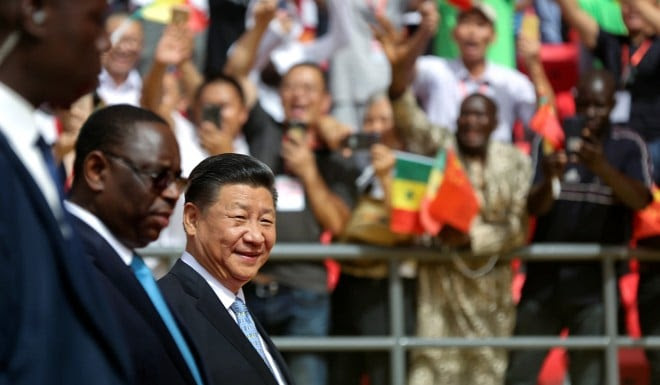 Senegal's President Macky Sall and Xi Jinping attends the opening ceremony of a China-built wrestling arena in Senegal's capital Dakar on July 22.