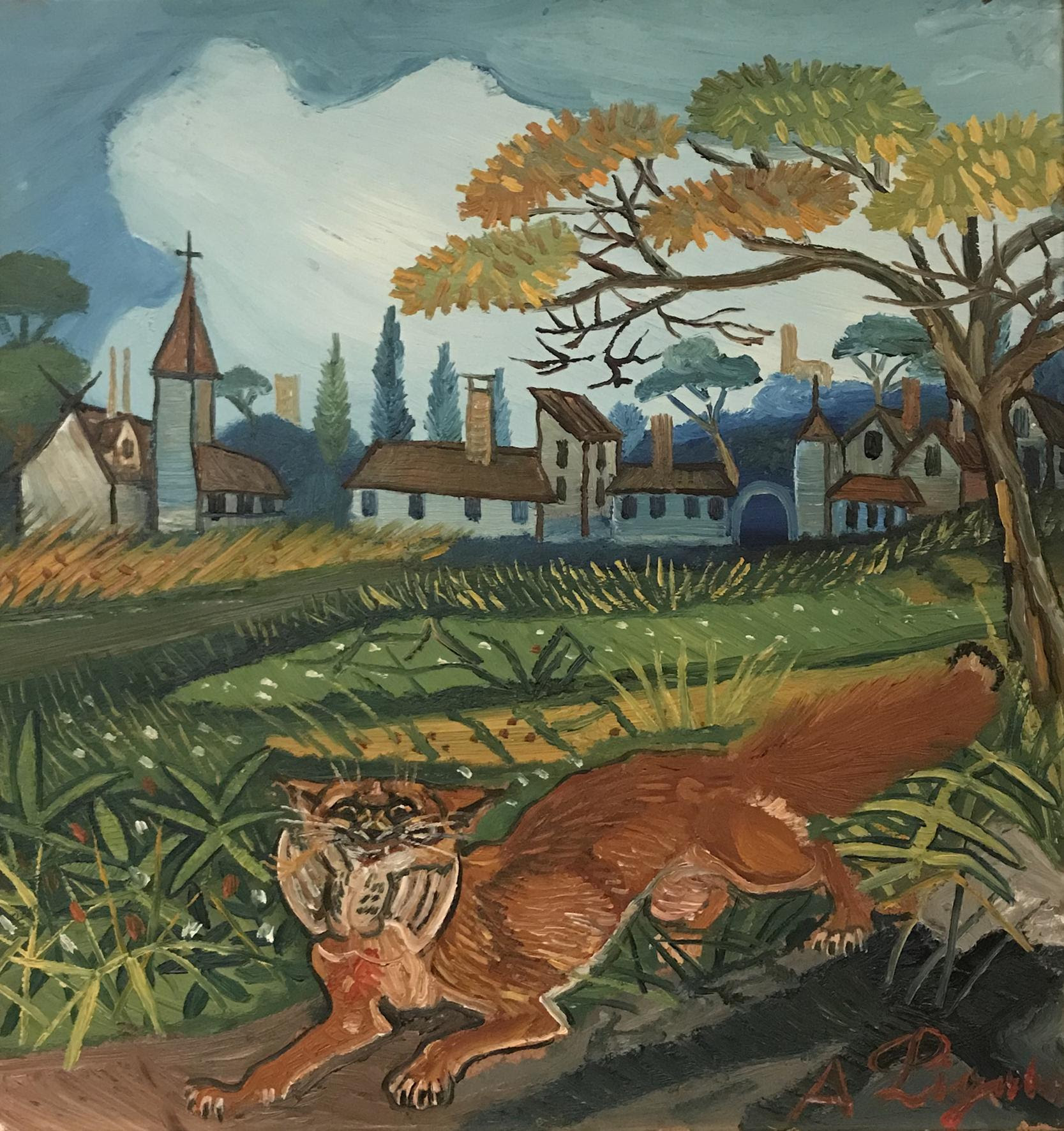 Antonio Ligabue, Volpe in fuga, III° periodo, 1952-1962,
olio su faesite, cm 43 x 40,5