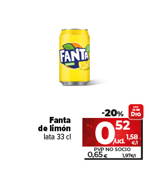 Fanta de limón ahora un 20% más barato a 0,52€/ud a 1,58€/l. Pvp no socio a 0,65€ a 1,97€/l