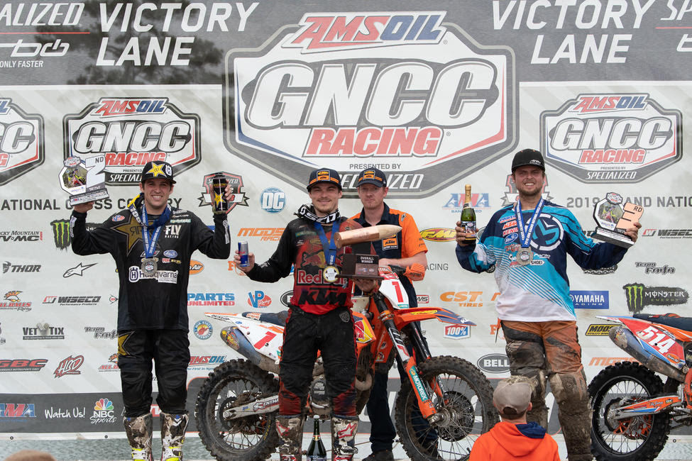 Kailub Russell (center), Thad Duvall (left) and Steward Baylor Jr. (right) rounded out the overall podium at the CST Tires Camp Coker Bullet GNCC.