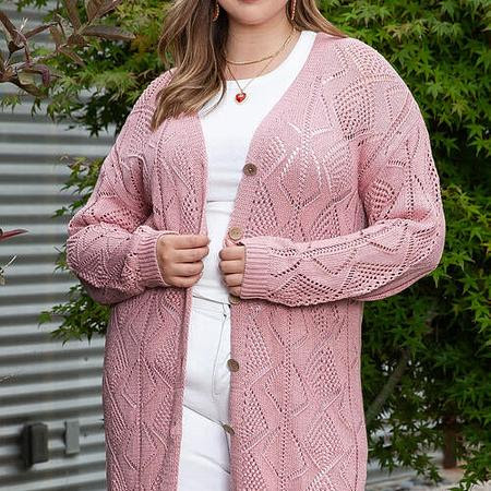 Plus Size Openwork V-Neck Long Sleeve Buttoned Cardigan