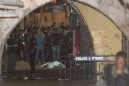 Israeli police on site of an Arab terror attack in the Old City of Jerusalem. A Jewish family was stabbed while walking near the Lion's Gate.