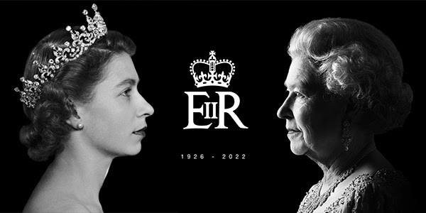 Two headshots of Her Majesty the Queen, along with her crest and the years of her life '1926 - 2022'
