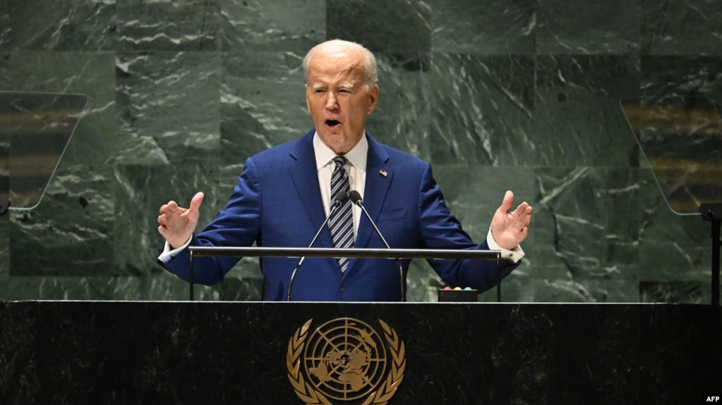 Tổng thống Mỹ Joe Biden đang phát biểu trước Đại hội đồng Liên Hiệp Quốc hôm 19/9 năm 2023