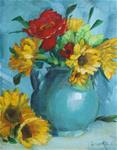 Poppies and Sunflowers on Blue - Posted on Thursday, April 2, 2015 by Sue Cervenka