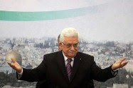 Palestinian Authority Chairman Mahmoud Abbas in a meeting at his Muqata compound in Ramallah, where he rejected both Israel's exclusive rights to Jerusalem and its status as a Jewish state.