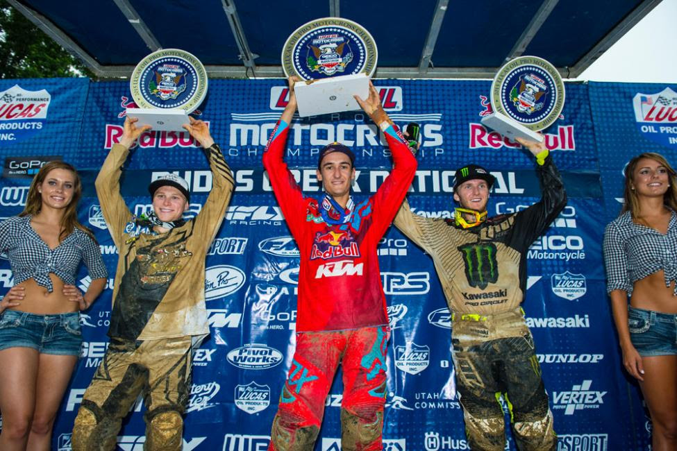 Alex Martin (left) and Musquin (center) were joined on the overall podium by Savatgy (right).Photo: Simon Cudby