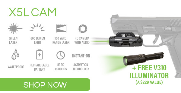 X5L CAM - Green laser, 500 lumen light, 100 yard laser range, HD camera with audio, waterproof, rechargeable battery, up to 10 hours run time, INSTANT-ON activation technology + Free V310 Illuminator. Shop now.
