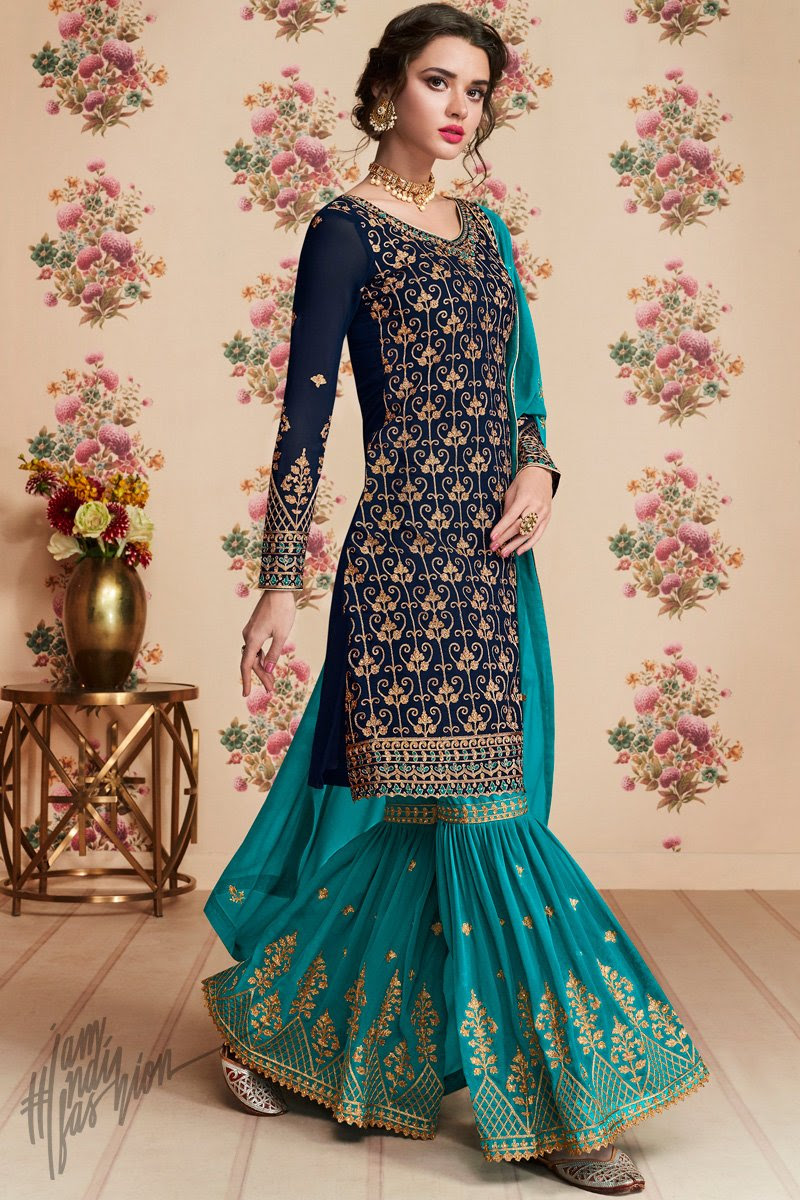 Navy and Royal Blue Georgette Party Wear Sharara Suit